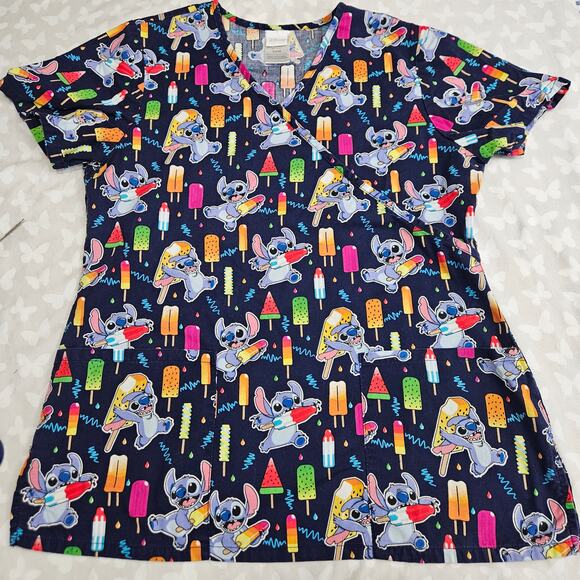 Disney Tops - Disney Stitch Popsicle Ice Cream Scrub Top Women's Small Blue Cotton Cartoon Fun